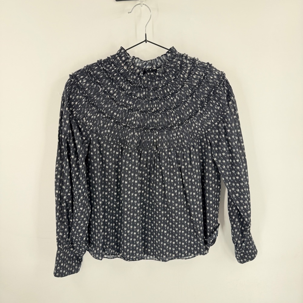 Rebecca Taylor Navy White Top Size 2‎ Smocked Ruffle Yoke Cotton Ikat
